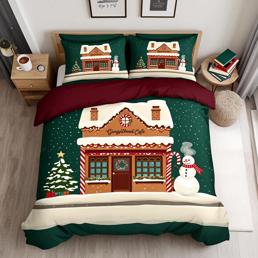 3Pcs Christmas Story Town Bedding Set Duvet Cover Warm Village Print Soft Polyester Queen Size Home Decor Holiday Gift
