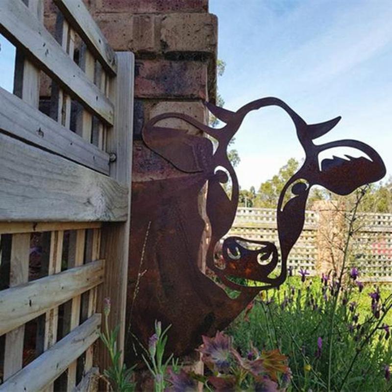 Garden Farm Peeping Cow Chickens Sheep Metal Garden Pendant Decoration Yard Art Decor Peeking Cow Metal Art, Peeping Cow Ornament