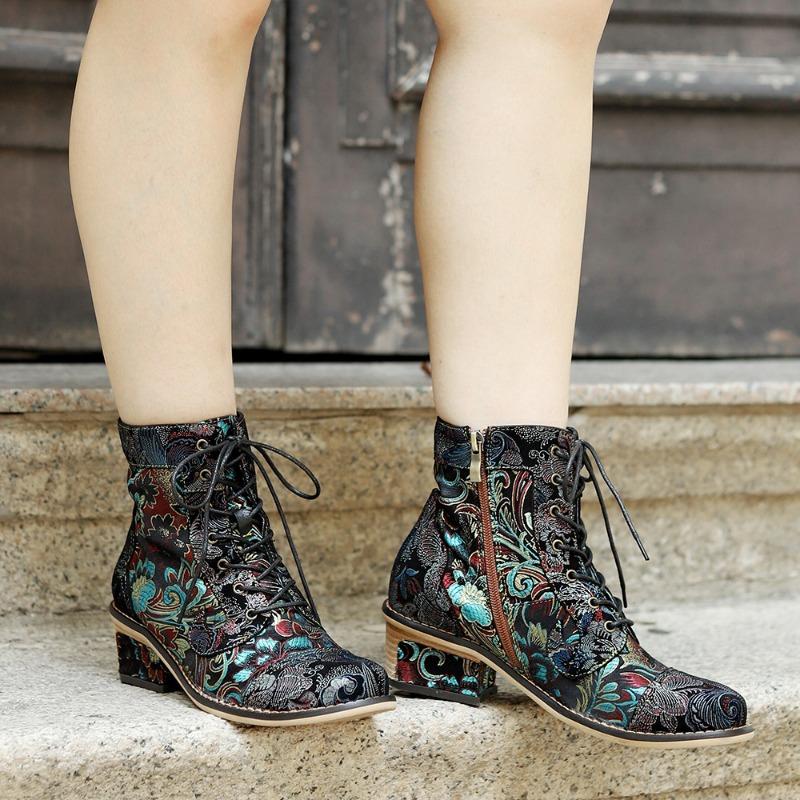 Autumn and winter new retro printing medium embroidery splicing comfortable casual women's short boots