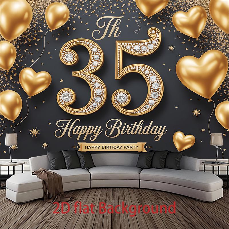 1pc Birthday 35th Glitter Balloon Elegant Hanging Banner Black Golden Polyester