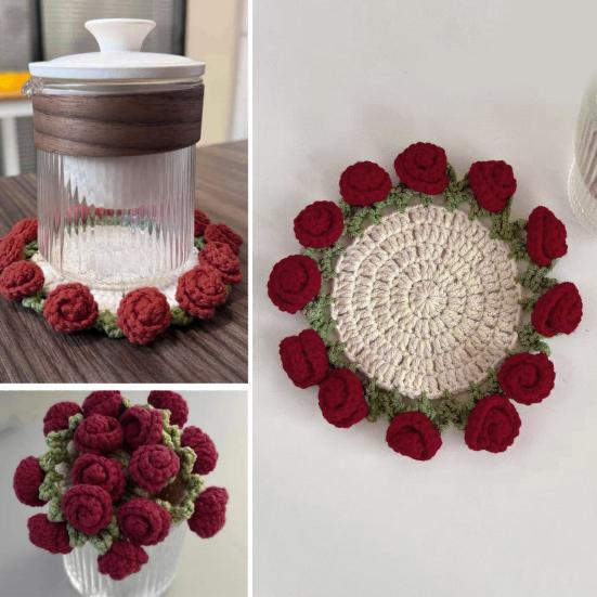 Handmade Crochet Flower Coasters Vintage Rose Flower Bouquet Coaster Unique Coffee Table Decor Accessories