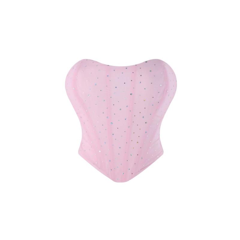 Top Corsetto Senza Spalline in Rete Nera con Strass, Vita Arricciata, Bustier Steccato per Donna