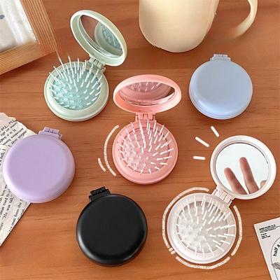 Solid Color Folding Comb with Makeup Mirror Traveling Portable Small Massage Comb Women Girl Air Cushion Hair Brush Styling Tool