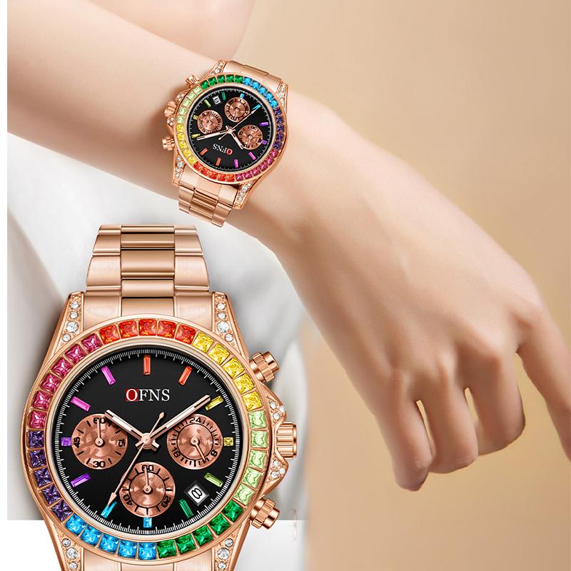 Quartz Luxury Mens Round Imitation Color Diamond Watches Movement Waterproof Men Wristwatches Week Display Male Clock