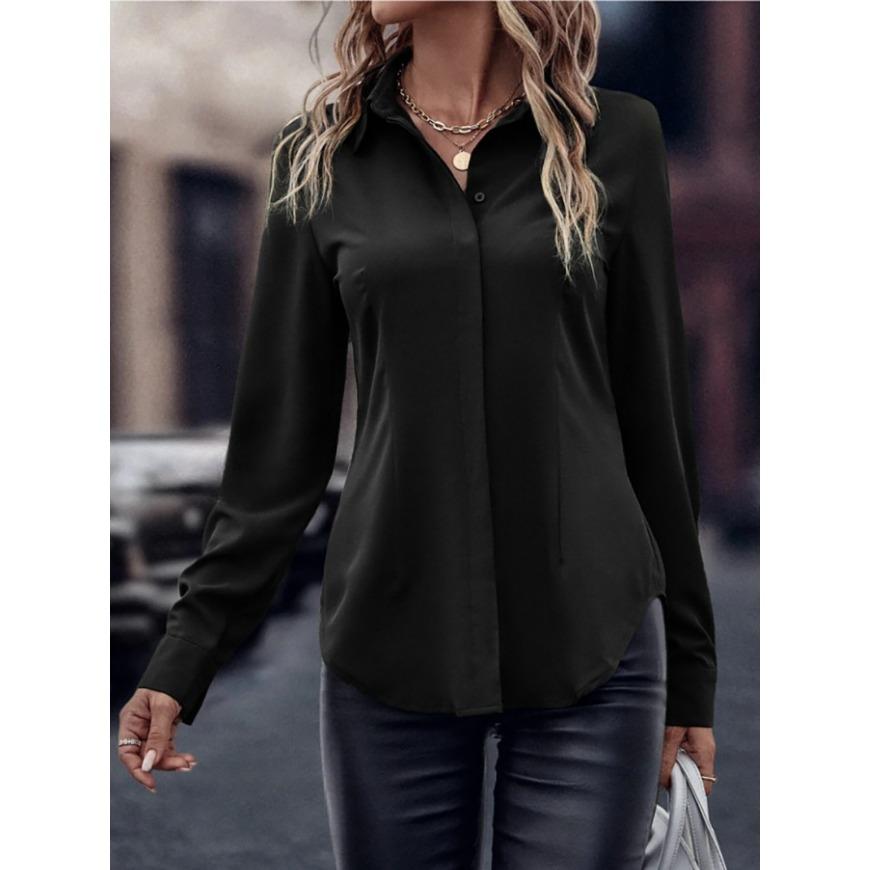 Women's Commuting Style Slim Fit Cardiga Button Double Door Tube Satin Lapel Long Sleeved Blouses & Shirts