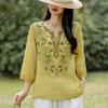Women S Ramie Shirt 3 4 Sleeve V Neck Embroidered Elegant Top