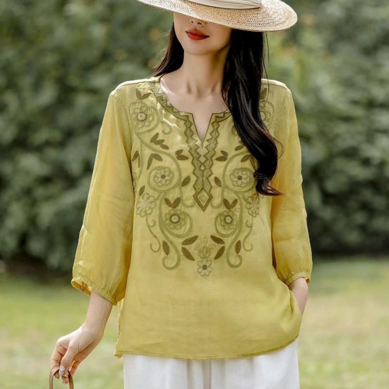 Women S Ramie Shirt 3 4 Sleeve V Neck Embroidered Elegant Top