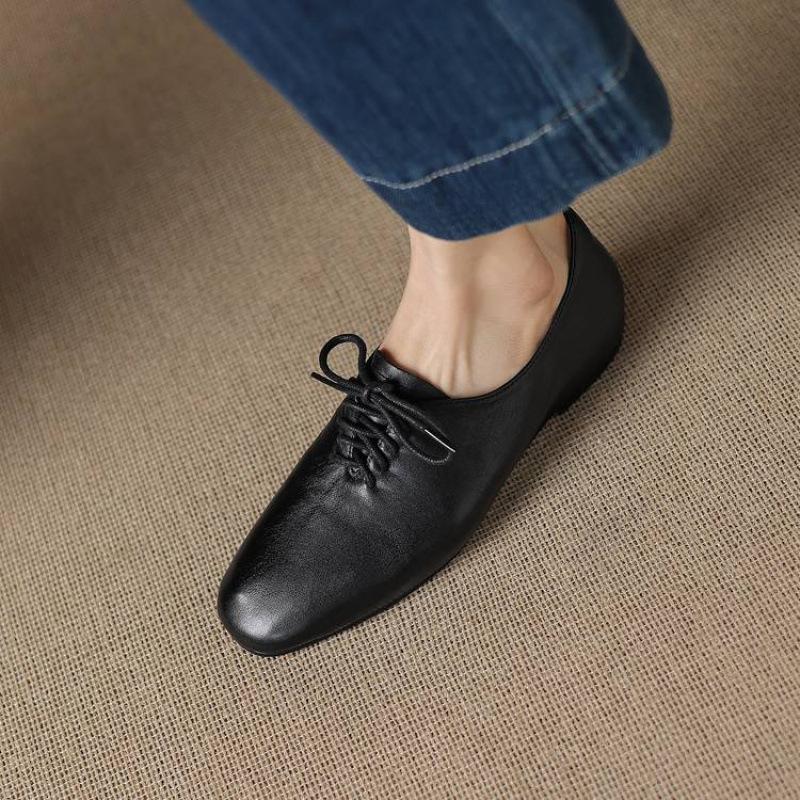 New women's leather single shoes casual solid color cowhide lace-up low-top shoes four seasons wear beef tendon soft sole lazy shoes women