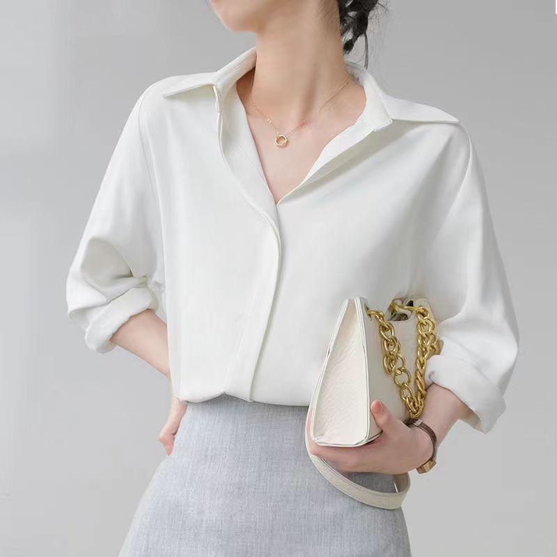 Spring Korean-style Pure Color Loose Satin Long Sleeve Shirt Women