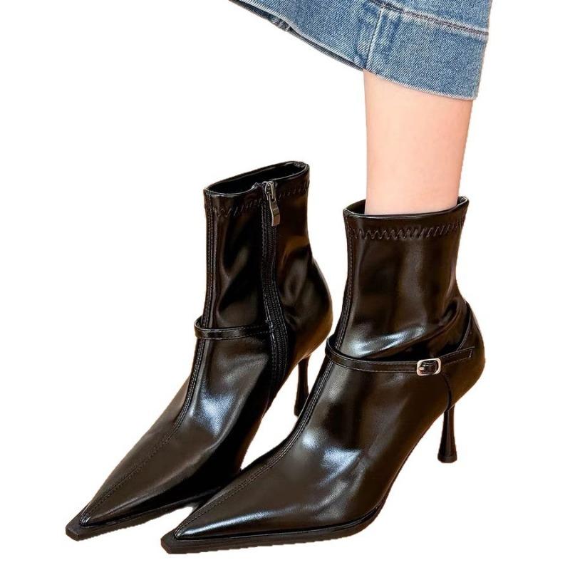 Hong Kong Beige Pointed High-heeled Short Boots Women's Spring New Temperament Retro Thin Heel Soft Leather Thin Boots