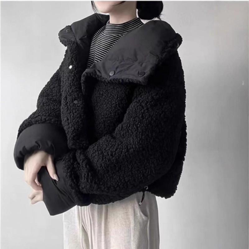 Womens Short Fleece Lined Cotton Coat Loose Reversible Winter Jacket Turn Down Collar Long Sleeve Solid Color Plus Size