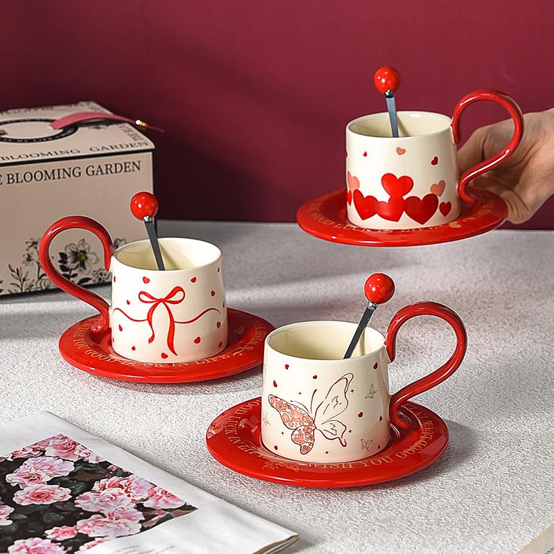 Red Coffee Cup High End and Luxurious High Quality Afternoon Tea Cup Saucer Set with Spoon Souvenir Wedding Gifts
