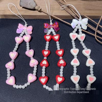 Buntes Schleifenknoten-Herz-Perlen-Kamerahandgurt & Perlen-Handy-Lanyard-Anhänger für Mädchen