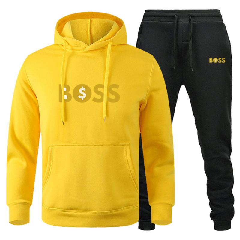 Wealthmark Men Hoodie & Jogger Set, Minimal Golden Bold Letter with Currency Icon Motif Print, Thick Fleece Sport Outfit for Light Outdoor Strolls