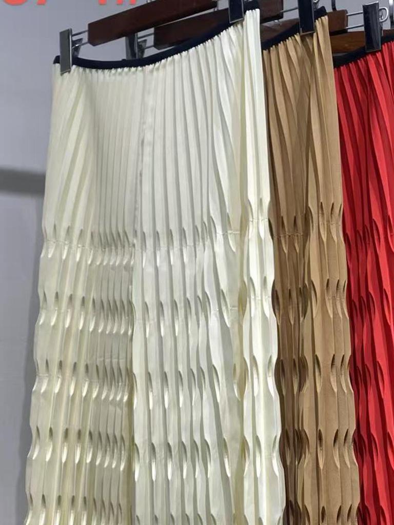 Miyake Women's Long Pleated Wide-Leg Skirt-Pants with Elastic Waist