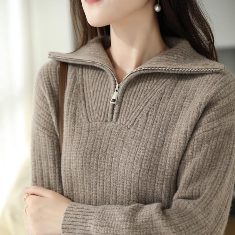 Women's Wool Lapel Cardigan - 2025 Autumn/Winter Half-Zip Knit Pullover Sweater