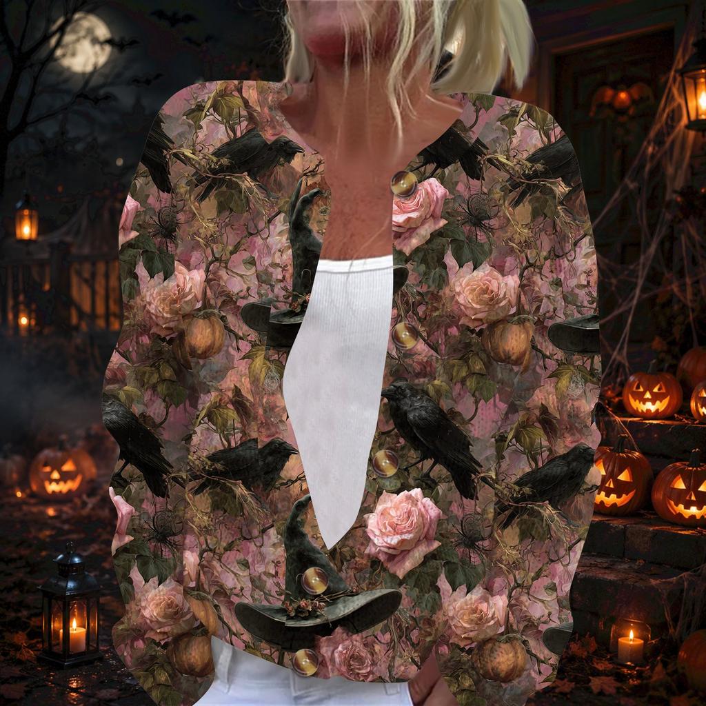 Women's Halloween Print Long Sleeve Knit Cardigan Button Front