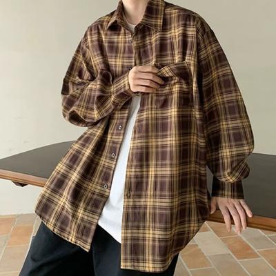 Retro Plaid Print Shirt Coat Lapel Long Sleeve Loose Fit Shirt Single Breasted Pocket Men Casual Jacket