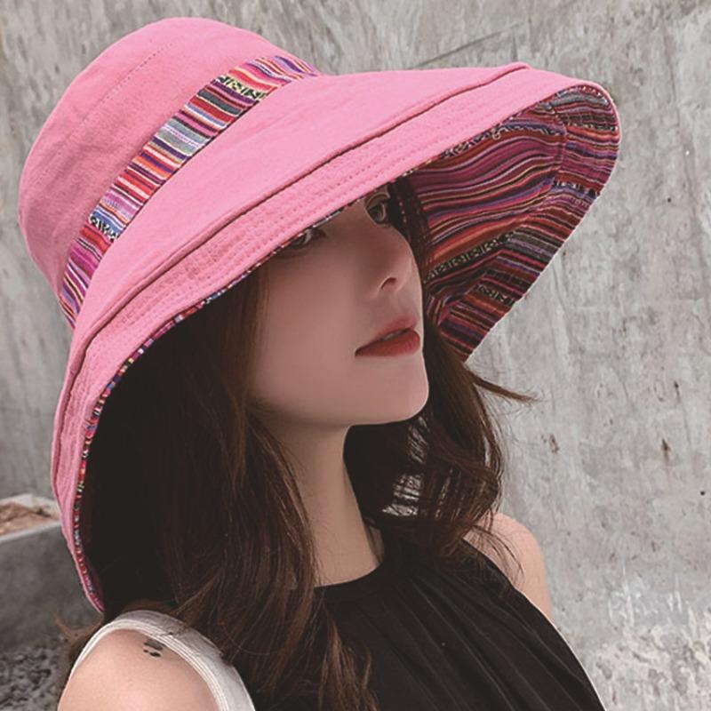 Sonnenschutz UV-Schutz Sonnenschirmhut Ethno-Stil Retro-Hut mit Kordelzug Damen Outdoor Sonnenschutz Schatten Wanderhut Doppelseitiger Fischerhut