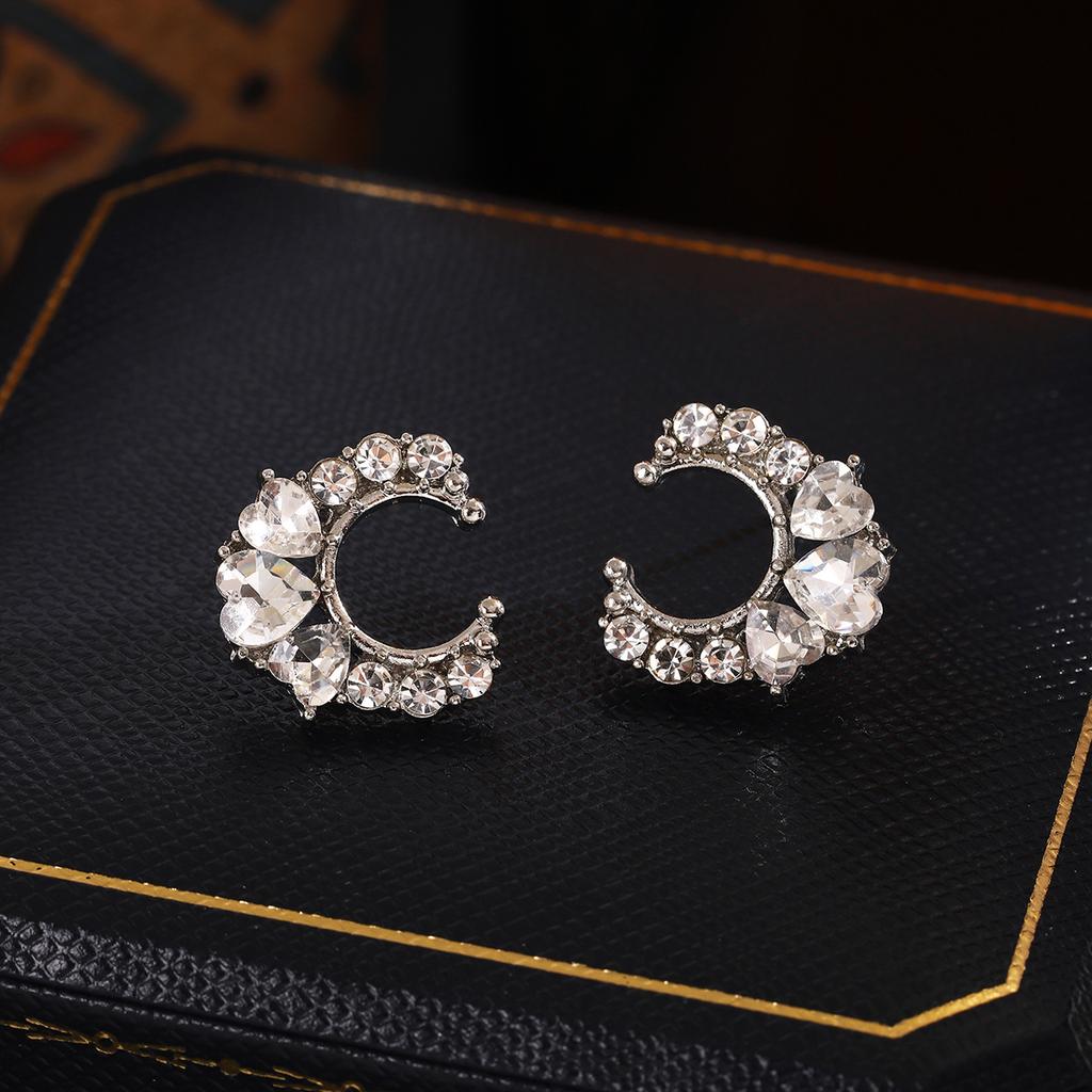 Super Flash Light Luxury High-End Sense Exquisite Diamond Earrings, Simple Design Sense Moon Love Full Of Diamond Earrings Women