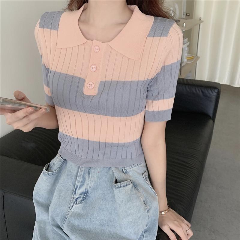 

Super fire retro foreign style student versatile lapel collar short sleeve contrasting color striped short polo shirt knitted T-shirt top women One size fits all рожевий