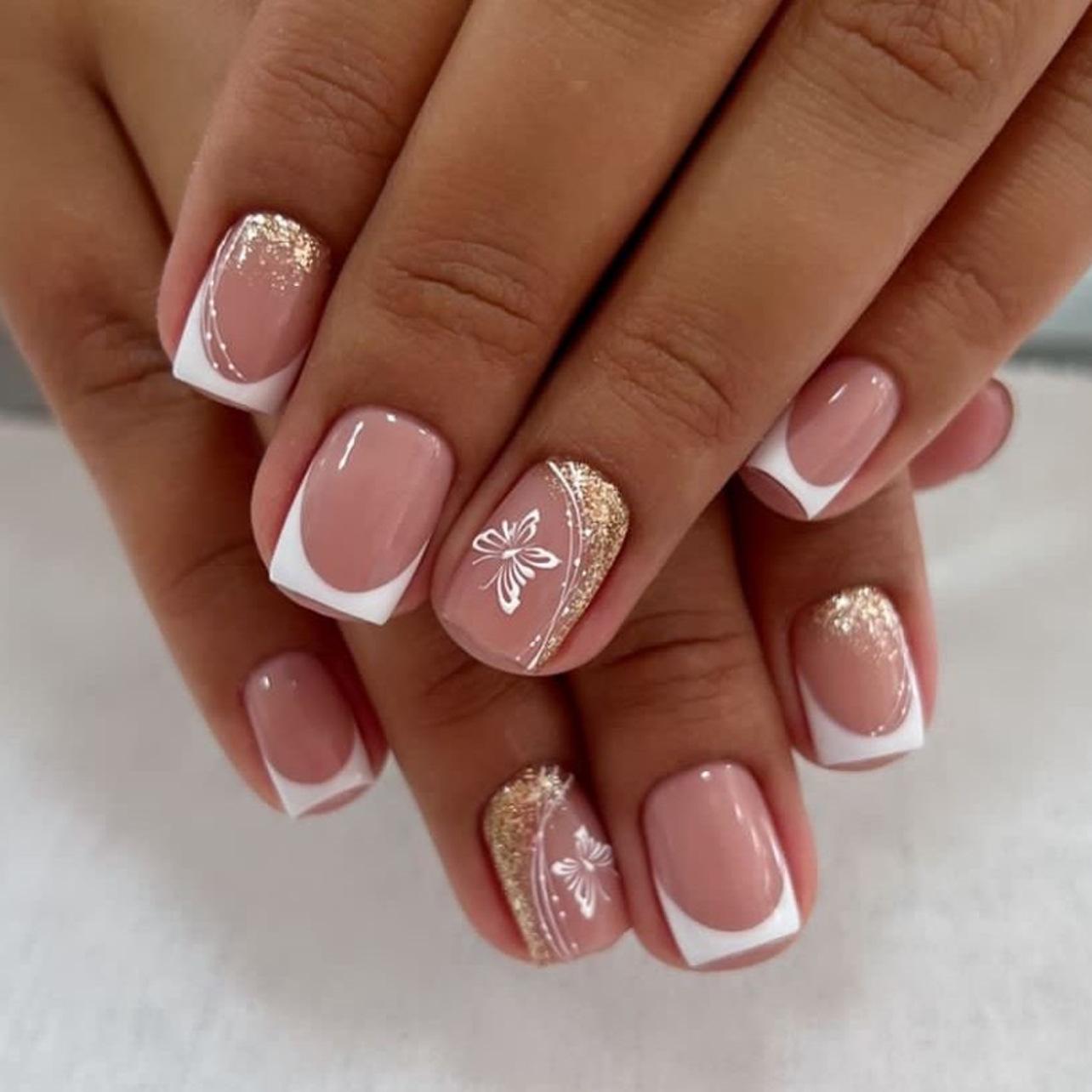 Hot-selling simple French white nail piece butterfly short square nail wearing nail gold glitter nail art fake nail