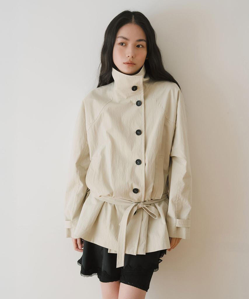 Yearning High Neck Belted Half Jacket, Beige