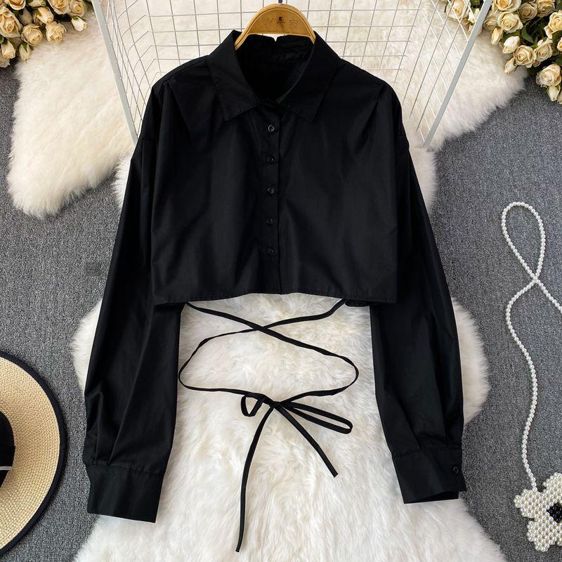 

Polo Long Sleeves Loose Single Breasted Pure Color Korean Style Shirt Black One size