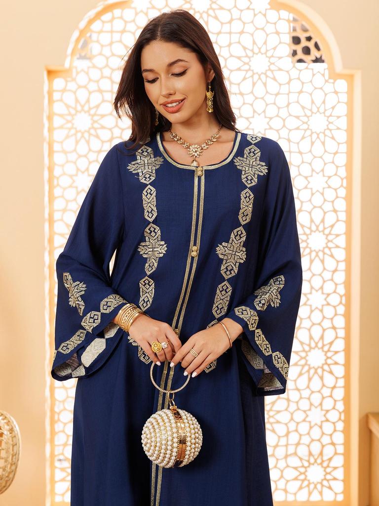 Middle Eastern Floral Embroidered Muslim Jalabiya Robe, Dubai Dress