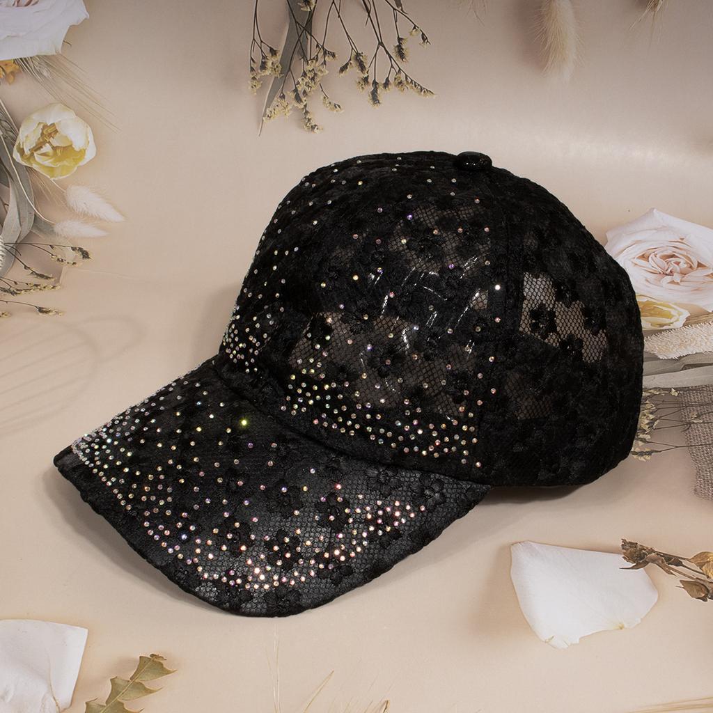 Shiny Rhinestone Lace Flower Baseball Cap Hollow Out Breathable Adjustable Ladies Spring Summer Hats