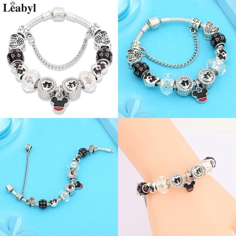 Potdemiel Pink Enamel Crystal Minnie Charm Bracelets Silver Color Heart Cartoon Bead Jewelry for Women Girl Gift