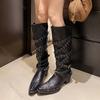 Fashion Rivet Pointed Toe Knight Belt Buckle Knee High Boots Plus Size Punk Chunky Middle Heel Women's Shoes Girls Western Cowboy Botas