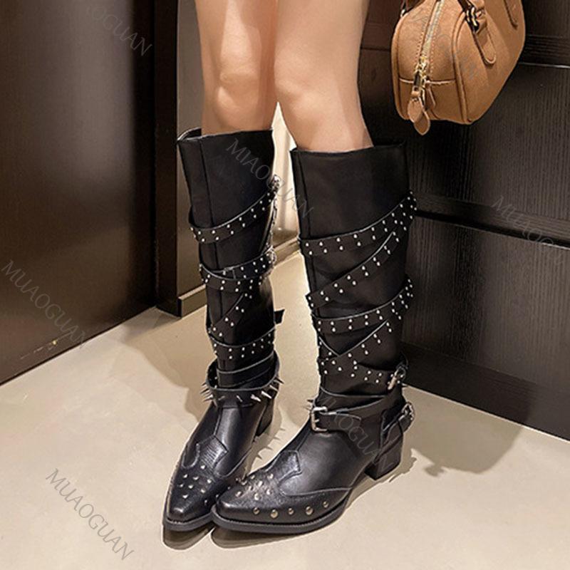 Fashion Rivet Pointed Toe Knight Belt Buckle Knee High Boots Plus Size Punk Chunky Middle Heel Women's Shoes Girls Western Cowboy Botas