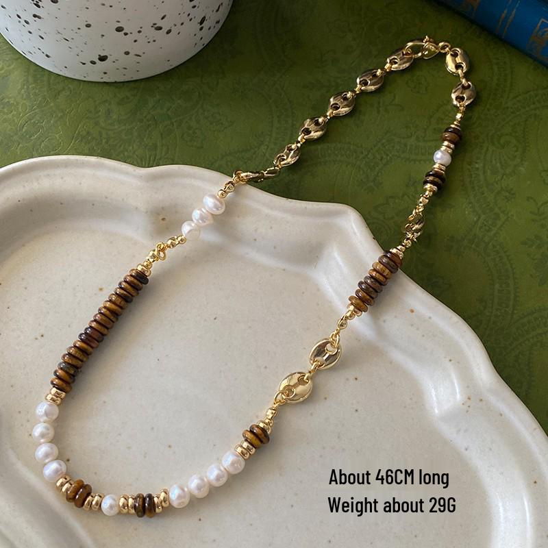 Natural Freshwater Pearl & Tiger Eye Bohemian Necklace - Autumn/Winter French Retro Clavicle Chain for Women