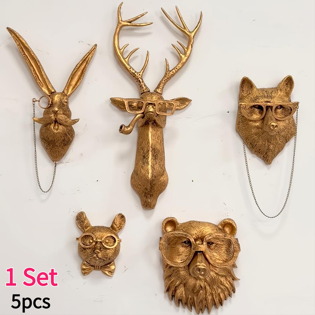 Set di 5 Decorazioni Murali Animali in Resina Vintage con Teste di Orso, Cervo, Topo, Volpe e Coniglio Decorazione per la Casa Interna, Decorazione Festiva