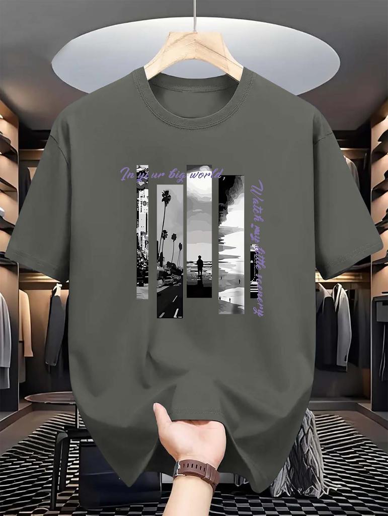 Summer Fashionable  Crew Neck T-Shirt - Men's Casual Short-Sleeve Tee with Seaside Letter Print, Slight Stretch, 180gsm