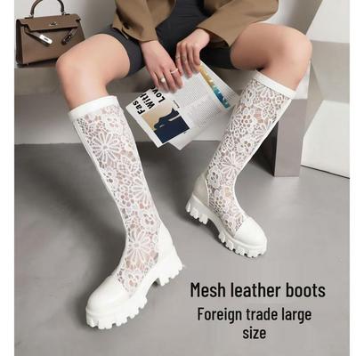 Versatile Platform Mesh Round Toe Thick Sole Long Boots, Slimming High Top, Plus Size 34-43