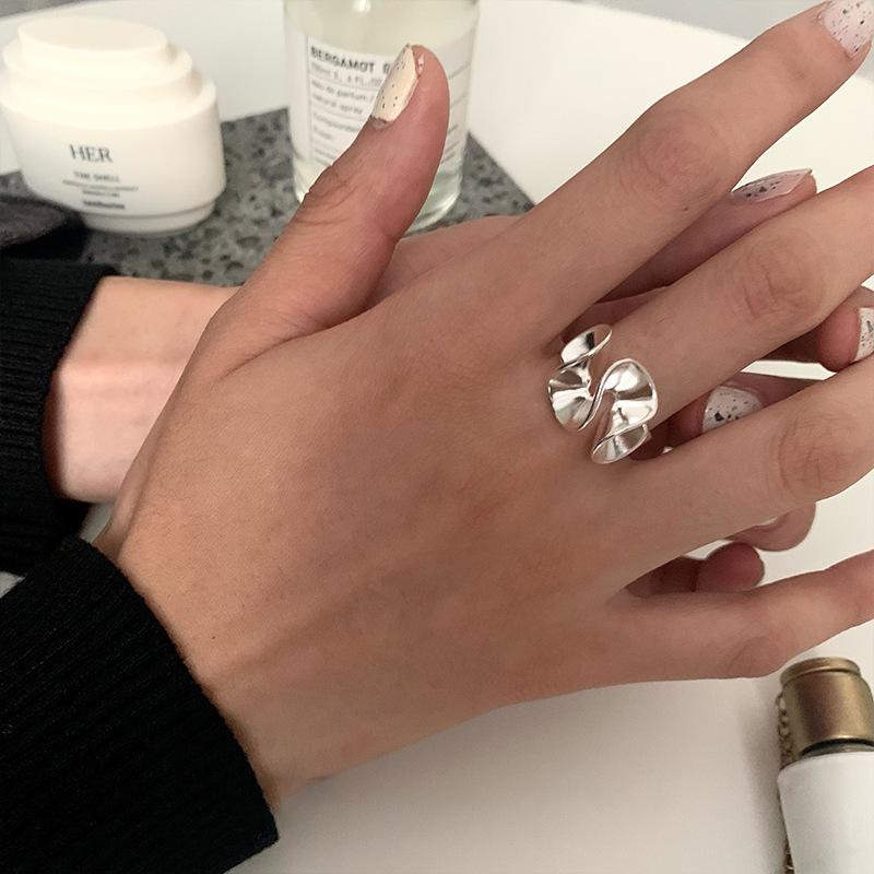 Korean Style 925 Sterling Silver Frosted Lotus Petal Adjustable Wave Ring