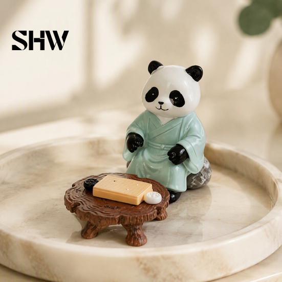 Durable Indoor Outdoor Resin Decor Panda Playing Go Chess Figurine, Zen Robe Tabletop Relaxing Atmosphere Decoration Ornament, Cute Statue for