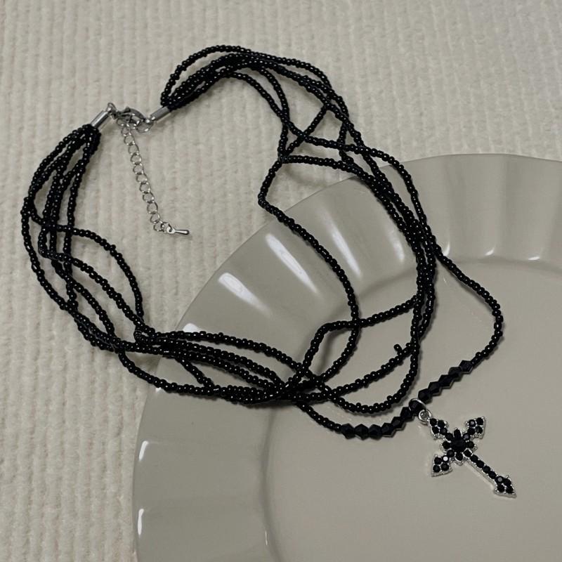 Высококлассный модный темперамент черный бриллиантовый крест многослойная бусинная цепочка на ключицу легкая роскошь тренд интернет-знаменитость взрывное ожерелье