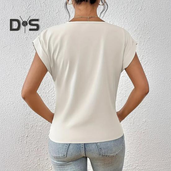 Dámské topy s výstřihem do V, s krátkým rukávem, s mačkaným designem, tričko jednobarevné, volného střihu, s křížovým plisováním, pro každodenní nošení