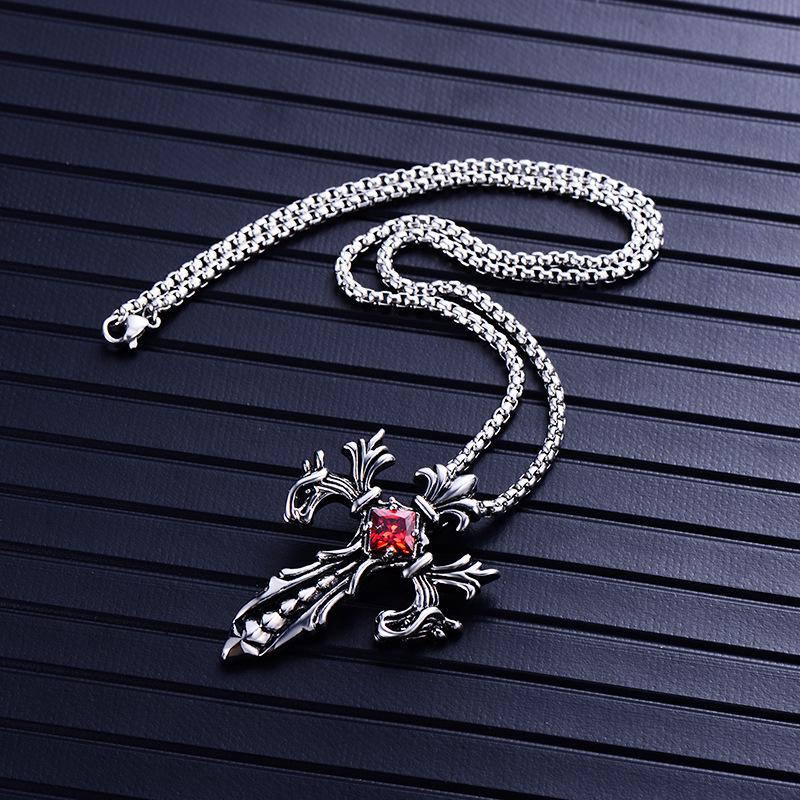 Retro Double Dragon War God Cross Pendant Necklace with Inlaid Diamond - Titanium Steel Jewelry