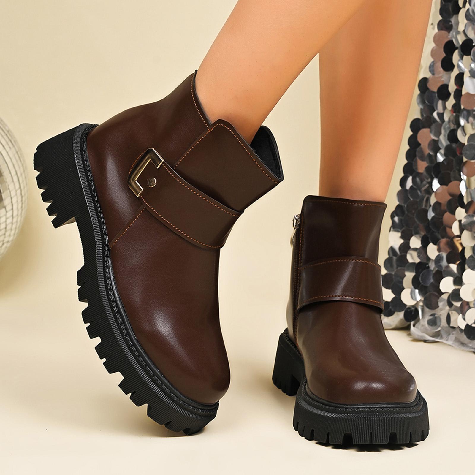 

Women s Casual Vintage Cold Warm Leather Side Zip Thick Sole Soft Leather Ankle Boots Womens Fashion Boots with Heel 36 кавовий