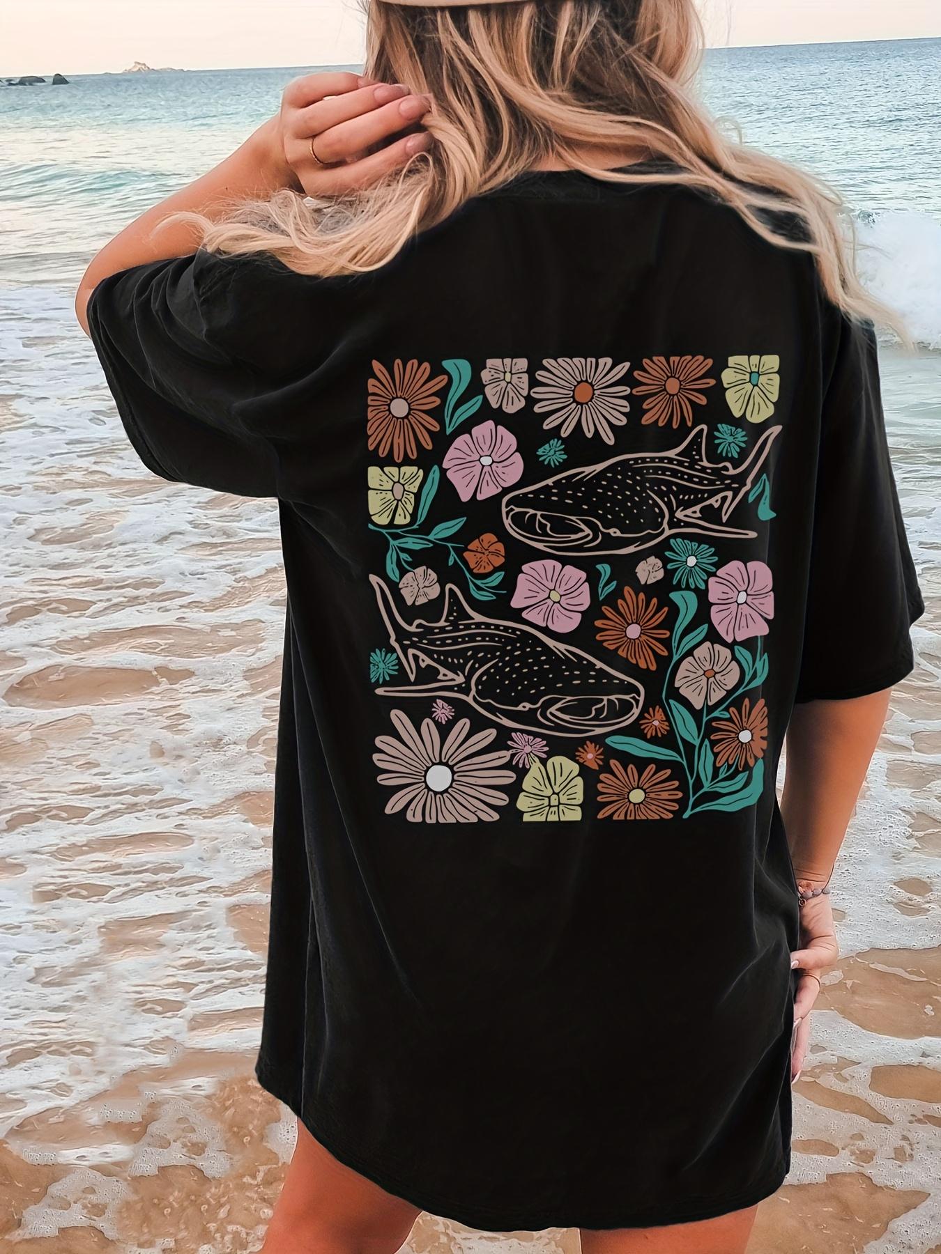 

2026 Summer Retro Womens Shark Flower Creative Print TShirt Unisex Cotton and Breathable Short Sleeve Oversized Loose Casual S