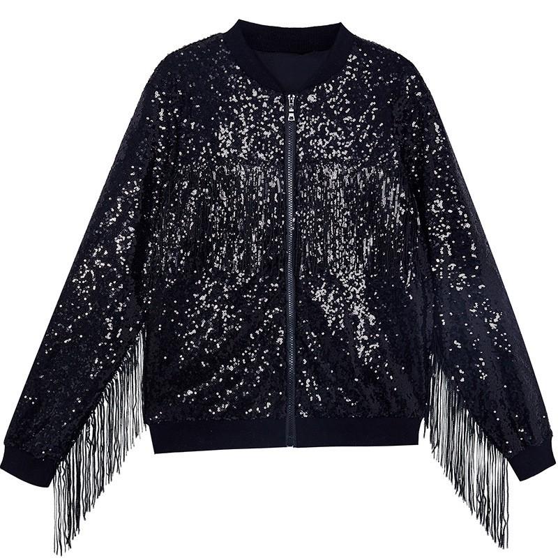 Giacca da Donna Oversize con Frange di Paillettes Manica Lunga Zip-Up Casual Streetwear Blazer da Festa