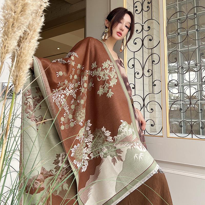 Imitation Cashmere Scarf for Women Elegant and Fashionable National Style Peony Scarf  Warm and Cold Proof Tassel Shawl