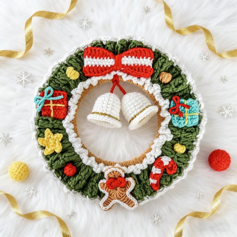 Christmas Holiday Crochet Wreath Feature Bells Handcrafted Durable Yarn Ornament For Indoor Outdoors Seasonal Decors