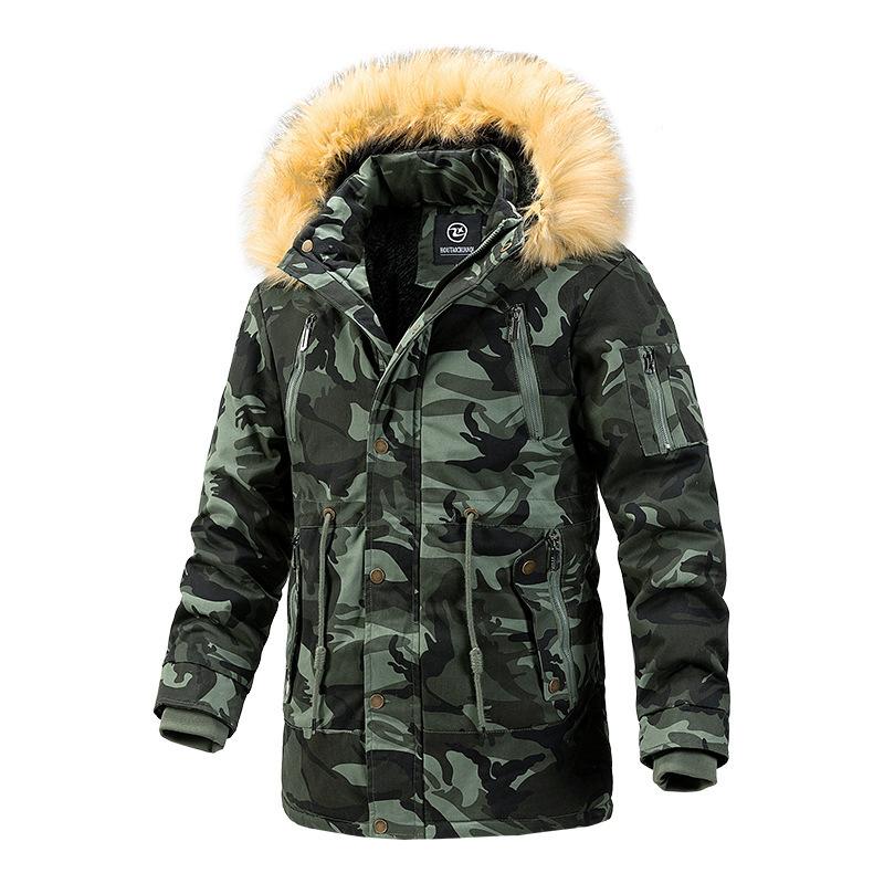 2025 Winter Hooded Men's Fleece Thickened Slim Mid-length Camouflage Cotton Jacket Men's Trendy Padded Clothing