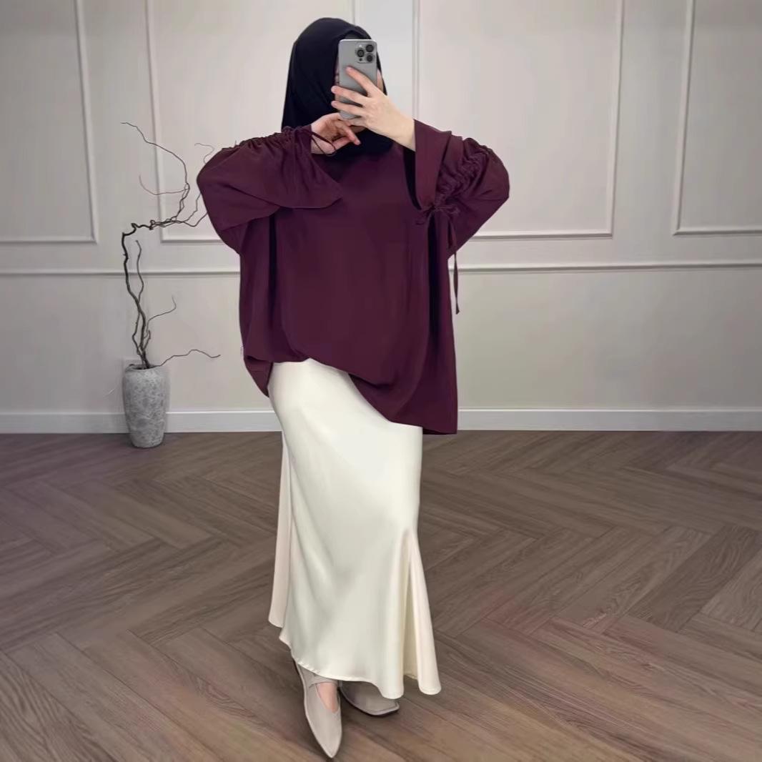 

European & American Lazy Loose Long-Sleeve Top and Skirt Color Block Fashion Set Large темно-красного