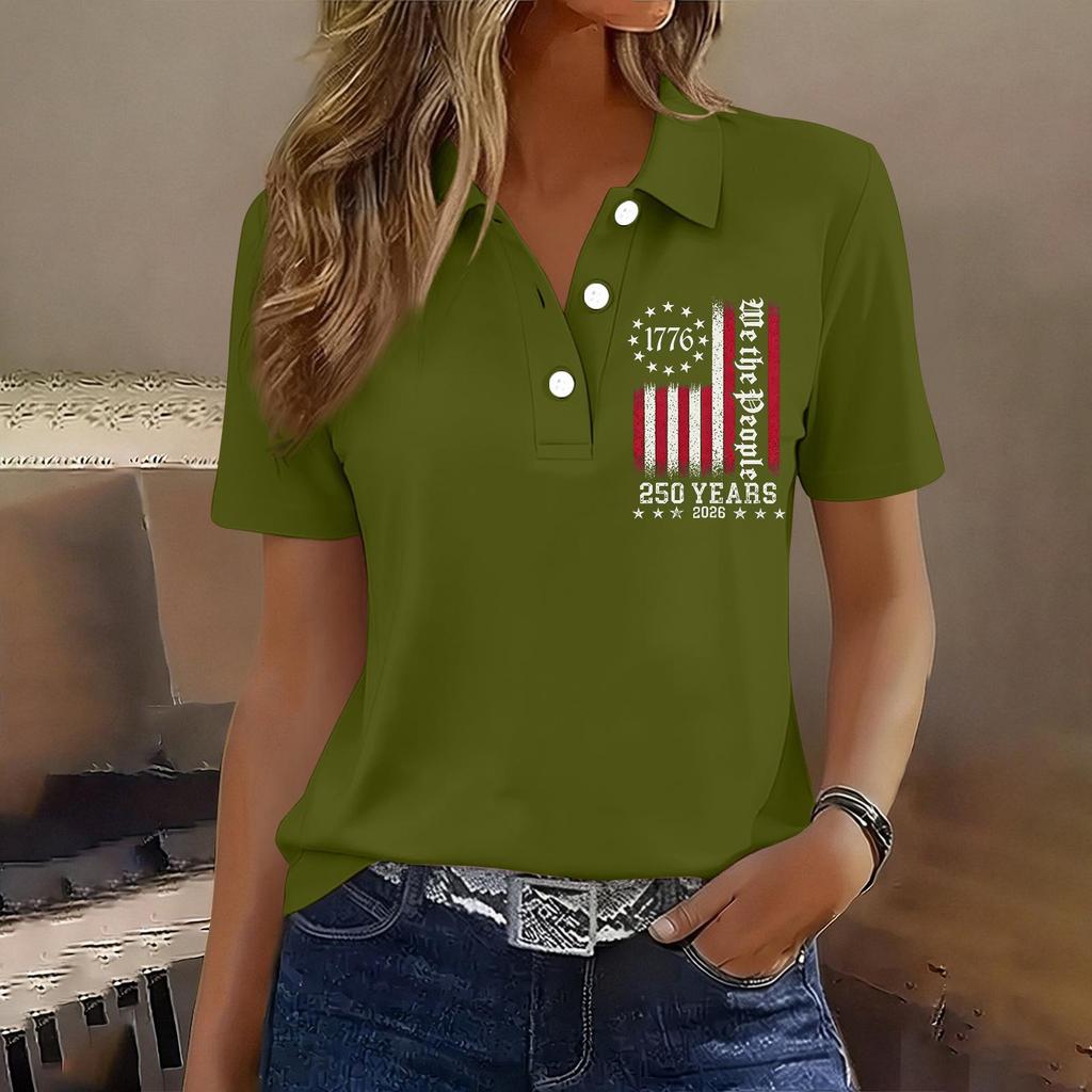 Damen Casual Knopf Kurzarm Poloshirt 250. Jubiläum Aufdruck Oberteil Unabhängigkeitstag Stil Leichtes Weiches Gewebe